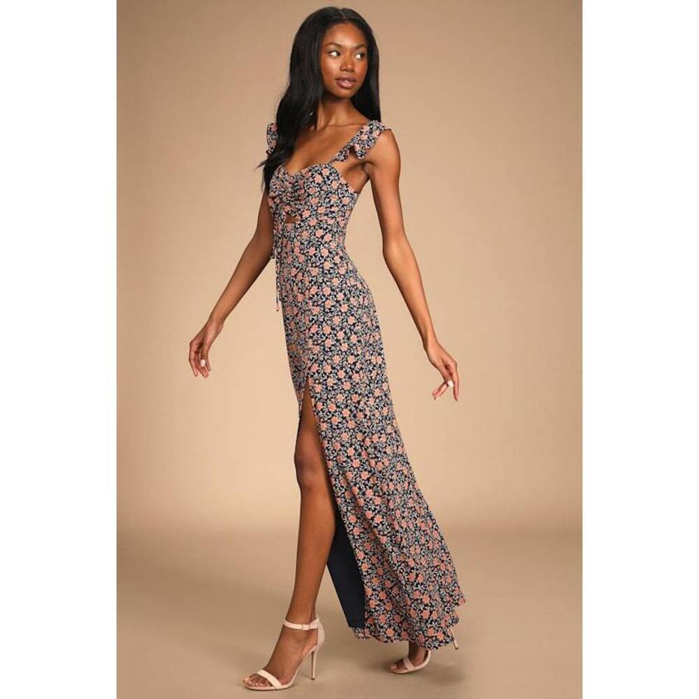 Lulus The Way To Love Navy Blue Floral Print Ruffled Maxi Dress - Size M